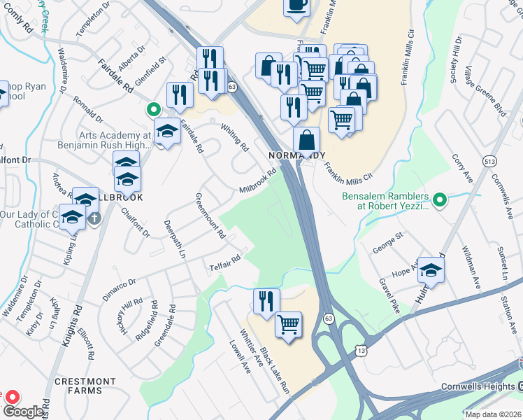 map of restaurants, bars, coffee shops, grocery stores, and more near 4430 Ernie Davis Circle in Philadelphia
