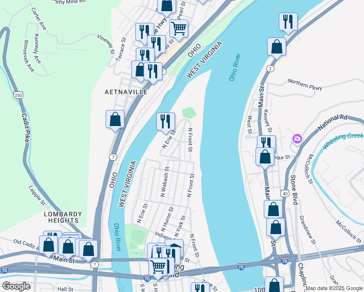 map of restaurants, bars, coffee shops, grocery stores, and more near 622 North Huron Street in Wheeling