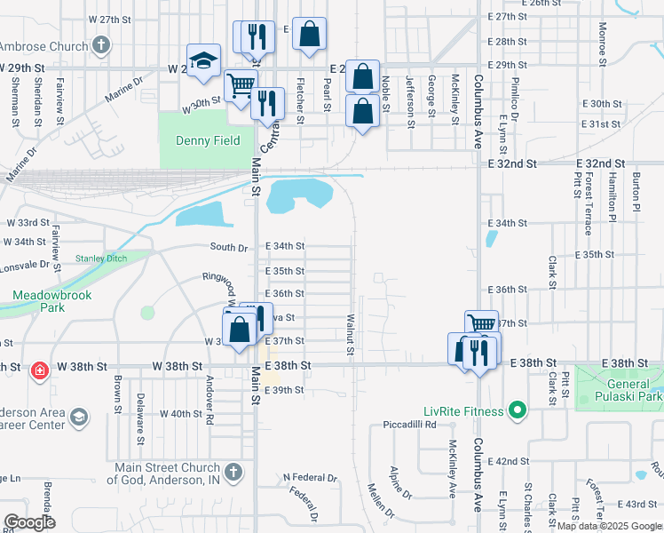 map of restaurants, bars, coffee shops, grocery stores, and more near 404 East 34th Street in Anderson