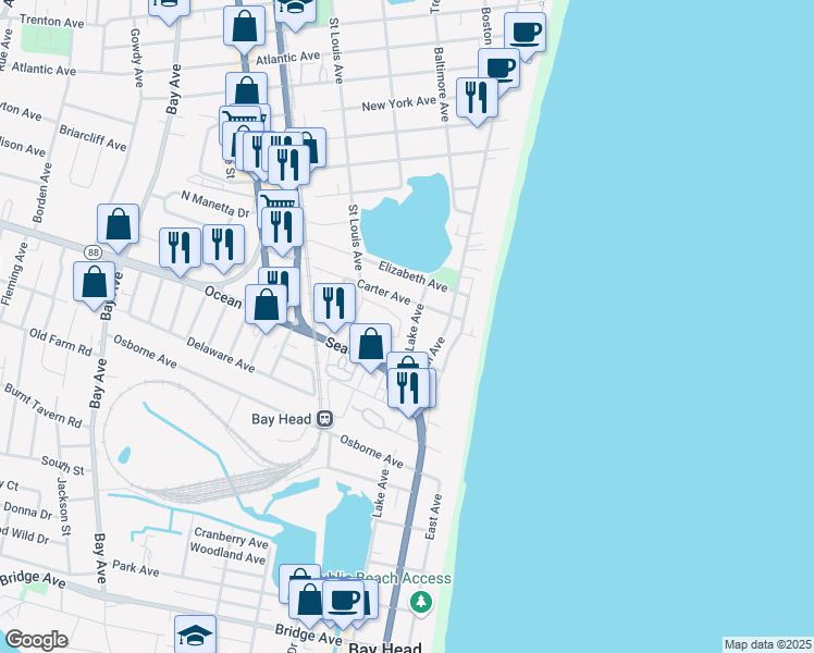 map of restaurants, bars, coffee shops, grocery stores, and more near 1603 Lake Avenue in Point Pleasant Beach