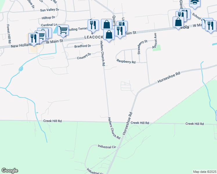 map of restaurants, bars, coffee shops, grocery stores, and more near 67 Hellers Church Road in Leacock-Leola-Bareville