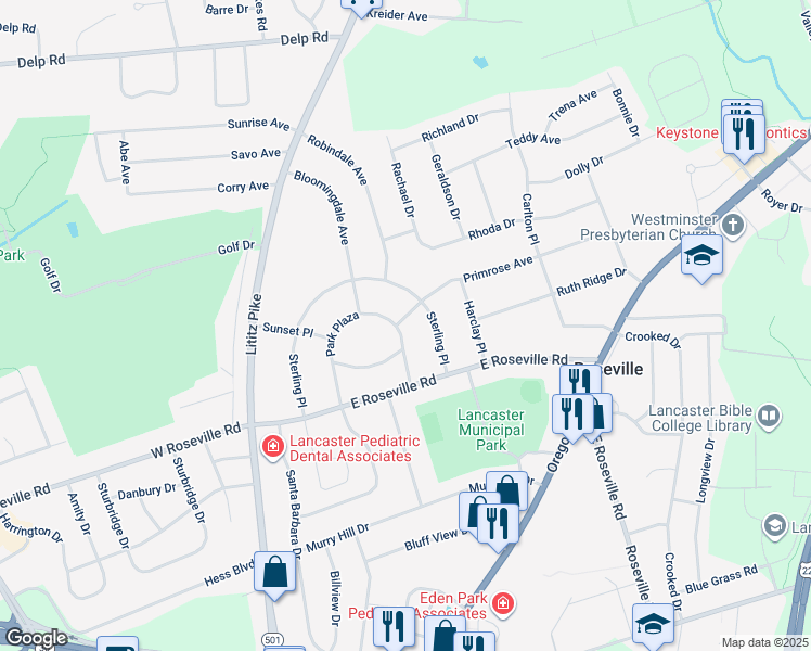map of restaurants, bars, coffee shops, grocery stores, and more near 1970 Park Plaza in Lancaster