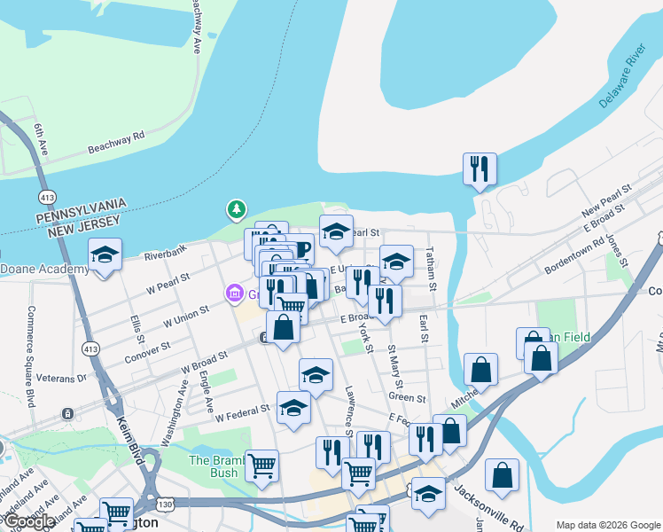map of restaurants, bars, coffee shops, grocery stores, and more near 131 East Union Street in Burlington