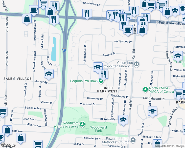 map of restaurants, bars, coffee shops, grocery stores, and more near 5568 Cherrywood Road in Columbus