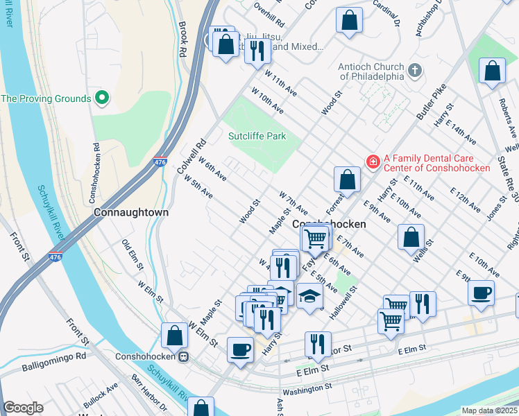 map of restaurants, bars, coffee shops, grocery stores, and more near 241 West 6th Avenue in Conshohocken
