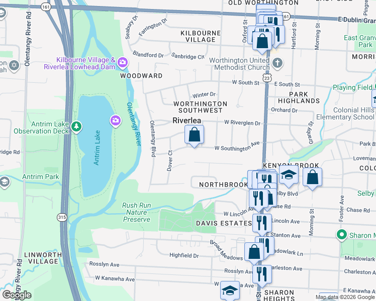 map of restaurants, bars, coffee shops, grocery stores, and more near 235 West Southington Avenue in Worthington
