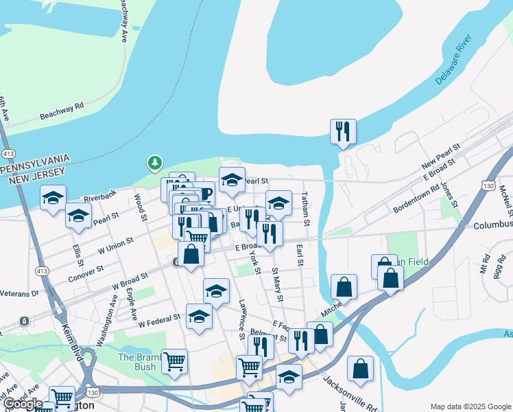 map of restaurants, bars, coffee shops, grocery stores, and more near 211 East Union Street in Burlington