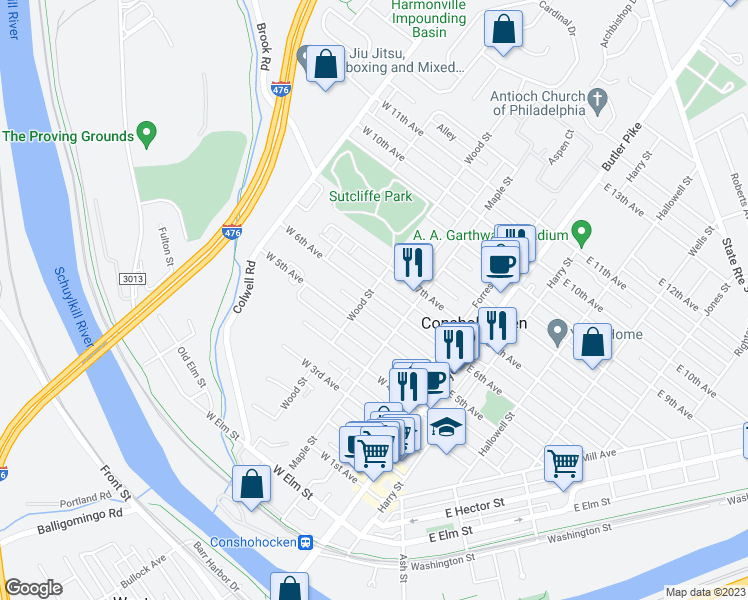 map of restaurants, bars, coffee shops, grocery stores, and more near 239 West 6th Avenue in Conshohocken