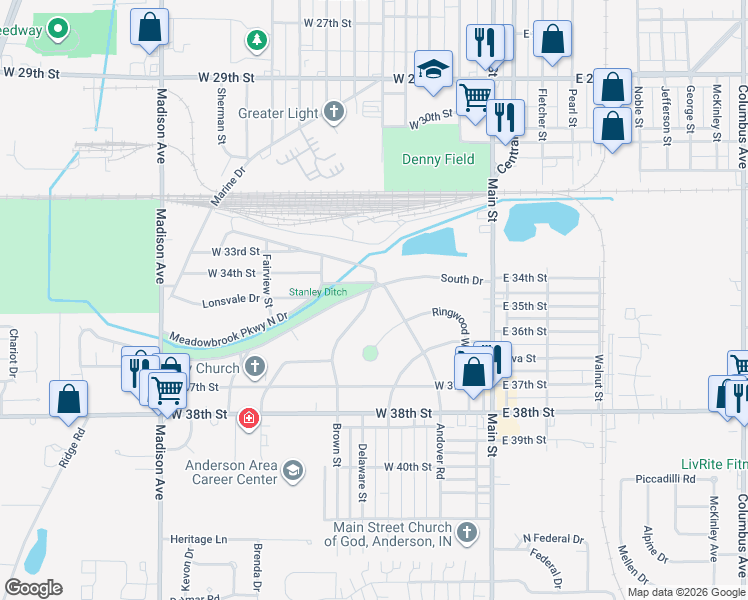 map of restaurants, bars, coffee shops, grocery stores, and more near 3420 Brown Street in Anderson