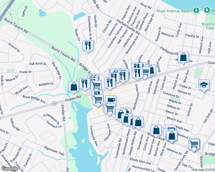 map of restaurants, bars, coffee shops, grocery stores, and more near 3147 New Jersey 88 in Point Pleasant