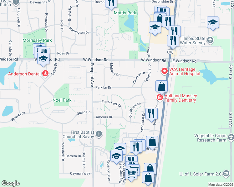 map of restaurants, bars, coffee shops, grocery stores, and more near 7 Greenfield Court in Savoy