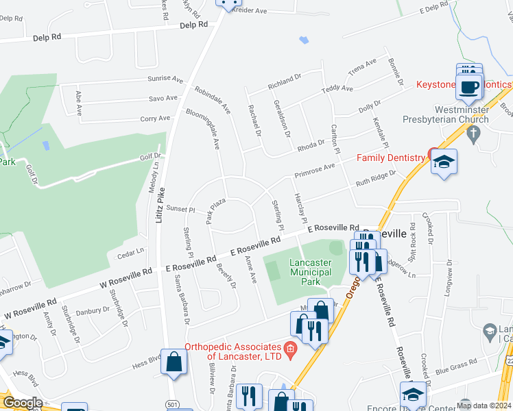 map of restaurants, bars, coffee shops, grocery stores, and more near 1970 Park Plaza in Lancaster
