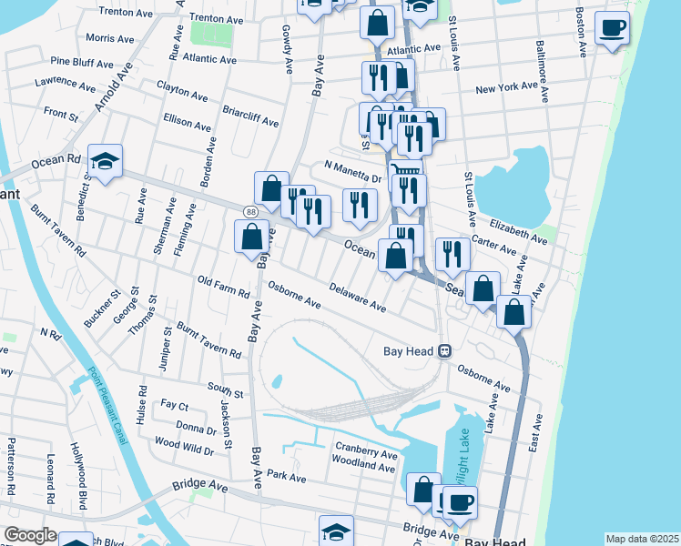 map of restaurants, bars, coffee shops, grocery stores, and more near 1213 Dallas Street in Point Pleasant