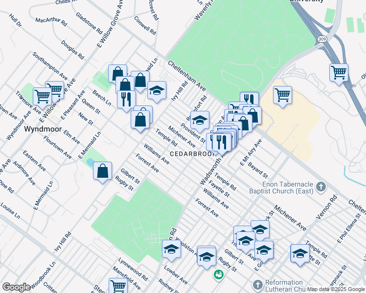 map of restaurants, bars, coffee shops, grocery stores, and more near 8537 Temple Road in Philadelphia