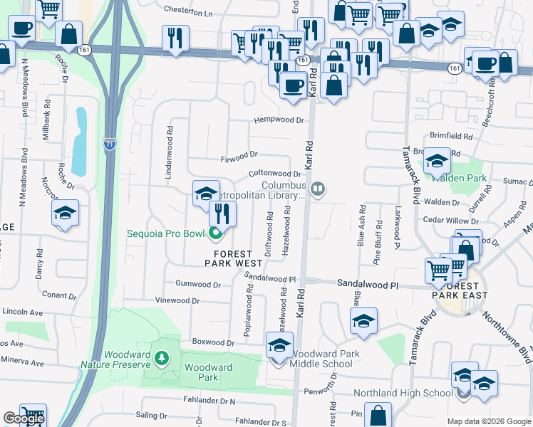 map of restaurants, bars, coffee shops, grocery stores, and more near 5537 Driftwood Road in Columbus