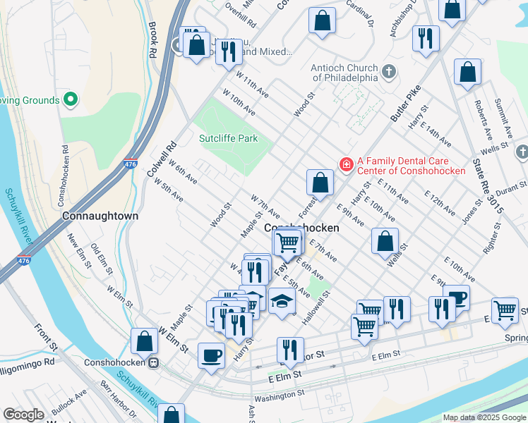 map of restaurants, bars, coffee shops, grocery stores, and more near 618 Maple Street in Conshohocken