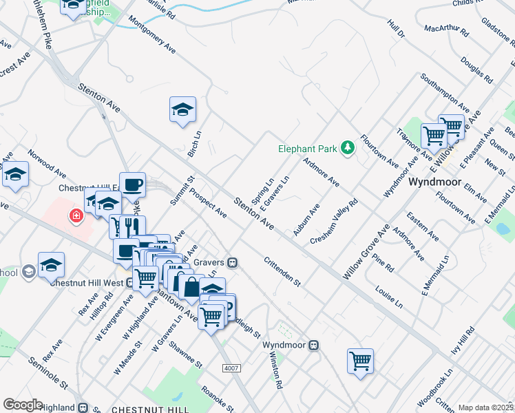map of restaurants, bars, coffee shops, grocery stores, and more near 502 Spring Lane in Wyndmoor