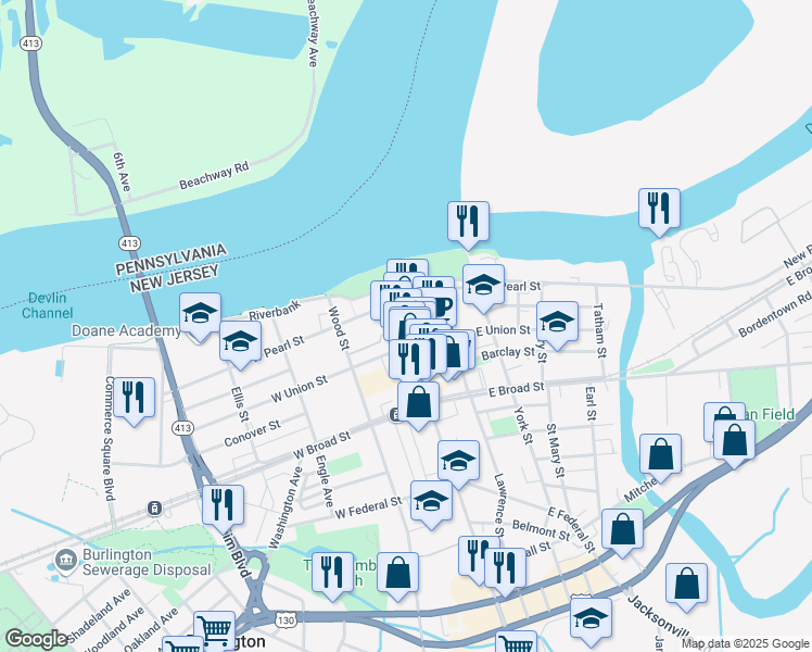 map of restaurants, bars, coffee shops, grocery stores, and more near 231 High Street in Burlington