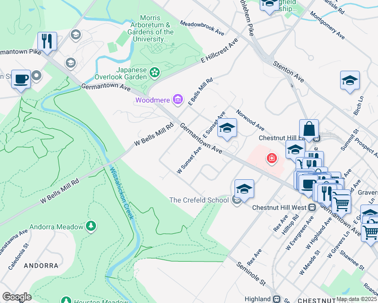 map of restaurants, bars, coffee shops, grocery stores, and more near 17 West Sunset Avenue in Philadelphia