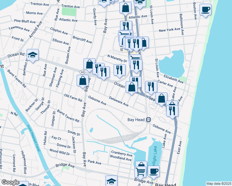 map of restaurants, bars, coffee shops, grocery stores, and more near 1213 Dallas Street in Point Pleasant