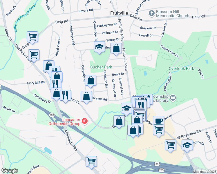 map of restaurants, bars, coffee shops, grocery stores, and more near 2139 Brockton Road in Lancaster