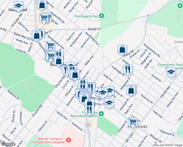 map of restaurants, bars, coffee shops, grocery stores, and more near 8116 Hennig Street in Philadelphia