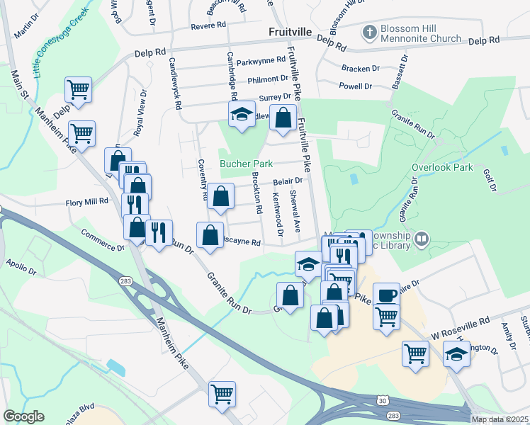 map of restaurants, bars, coffee shops, grocery stores, and more near 2139 Brockton Road in Lancaster
