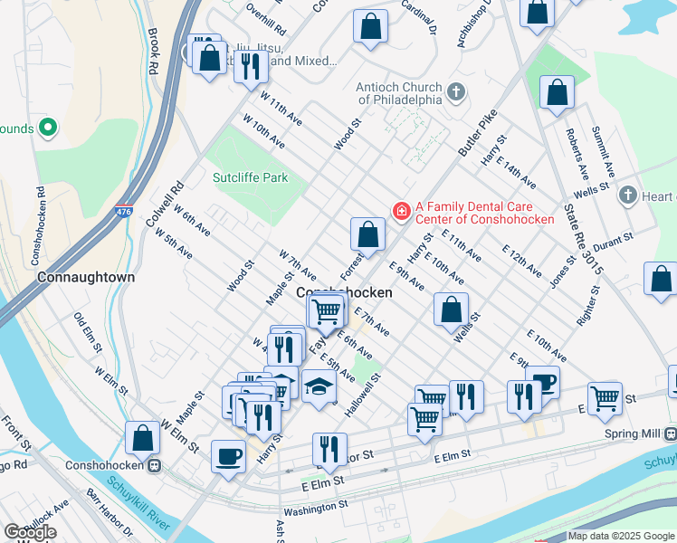 map of restaurants, bars, coffee shops, grocery stores, and more near 103 West 8th Avenue in Conshohocken