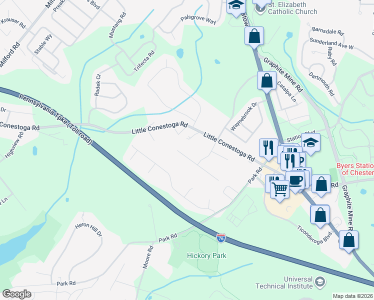 map of restaurants, bars, coffee shops, grocery stores, and more near 13 Cambridge Road in Downingtown