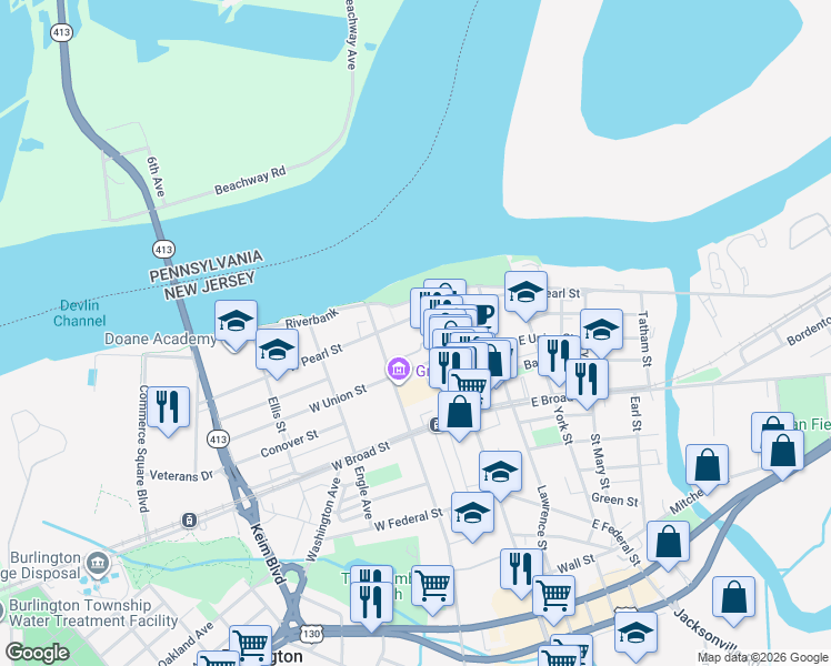 map of restaurants, bars, coffee shops, grocery stores, and more near 212 High Street in Burlington