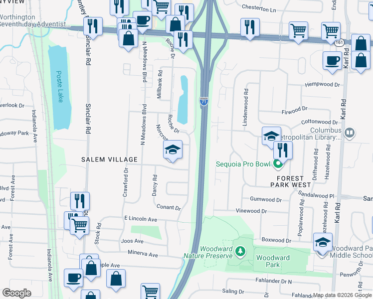 map of restaurants, bars, coffee shops, grocery stores, and more near 5557 Roche Drive in Columbus