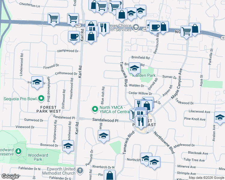 map of restaurants, bars, coffee shops, grocery stores, and more near 5500 Pine Bluff Road in Columbus