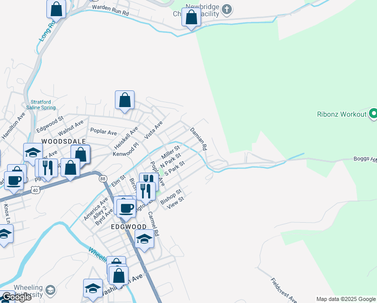 map of restaurants, bars, coffee shops, grocery stores, and more near 155 North Park Street in Wheeling