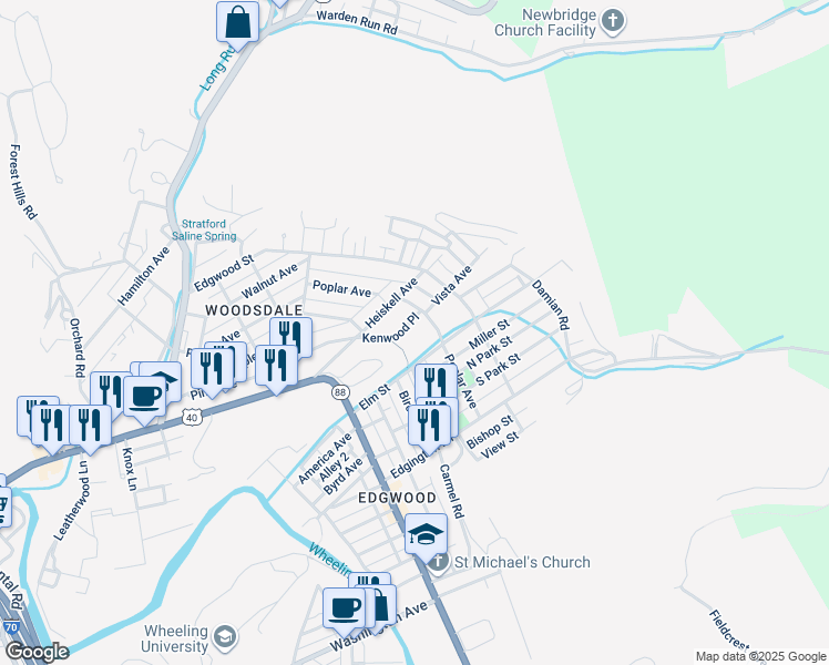 map of restaurants, bars, coffee shops, grocery stores, and more near 5 Kenwood Place in Wheeling