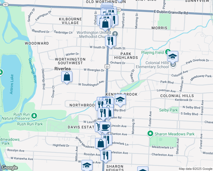 map of restaurants, bars, coffee shops, grocery stores, and more near 5751 North High Street in Worthington