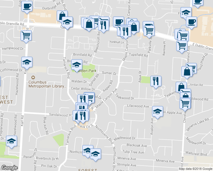 map of restaurants, bars, coffee shops, grocery stores, and more near 5453 Aspen Road in Columbus