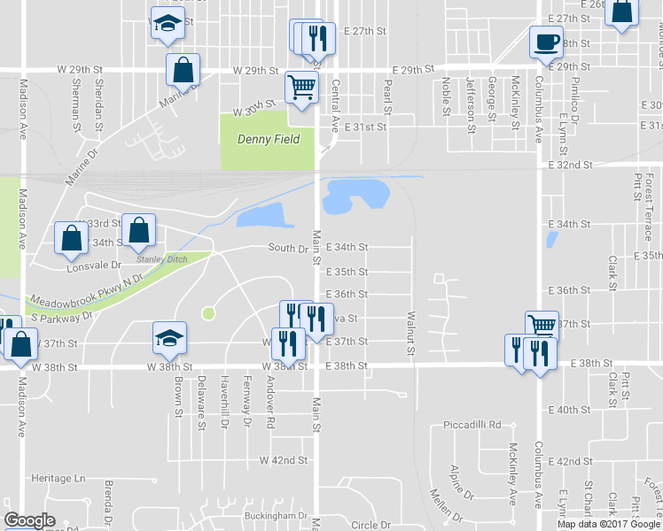 map of restaurants, bars, coffee shops, grocery stores, and more near 120 East 35th Street in Anderson