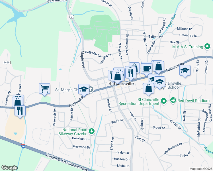 map of restaurants, bars, coffee shops, grocery stores, and more near 187 West Main Street in Saint Clairsville