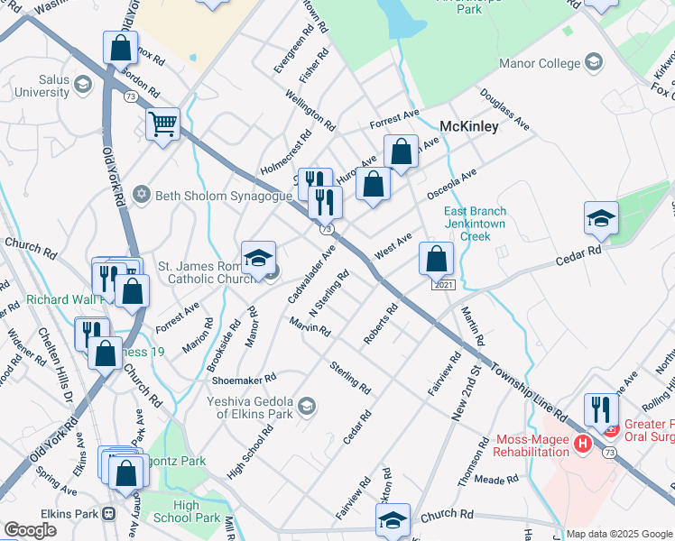 map of restaurants, bars, coffee shops, grocery stores, and more near 421 N Sterling Rd in Elkins Park