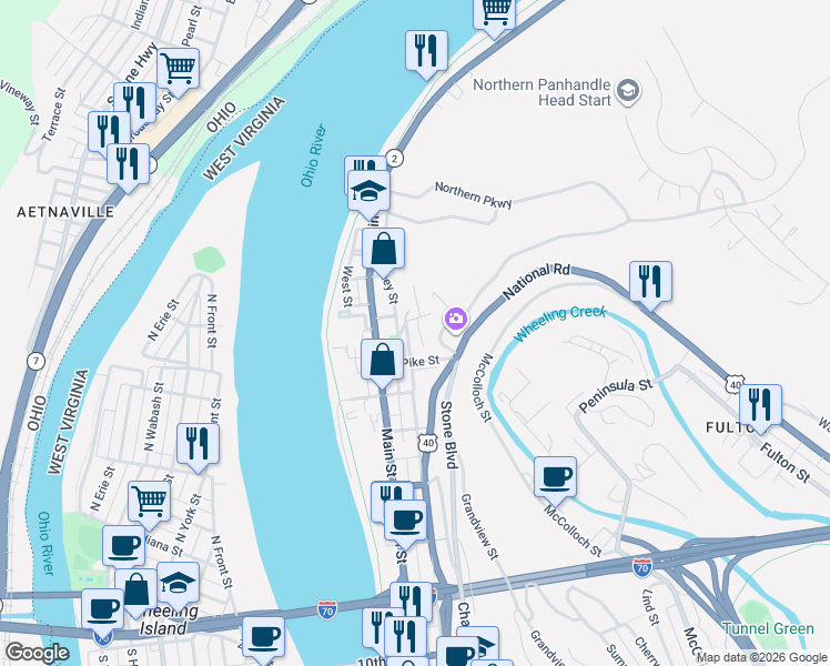 map of restaurants, bars, coffee shops, grocery stores, and more near 416 Market Street in Wheeling
