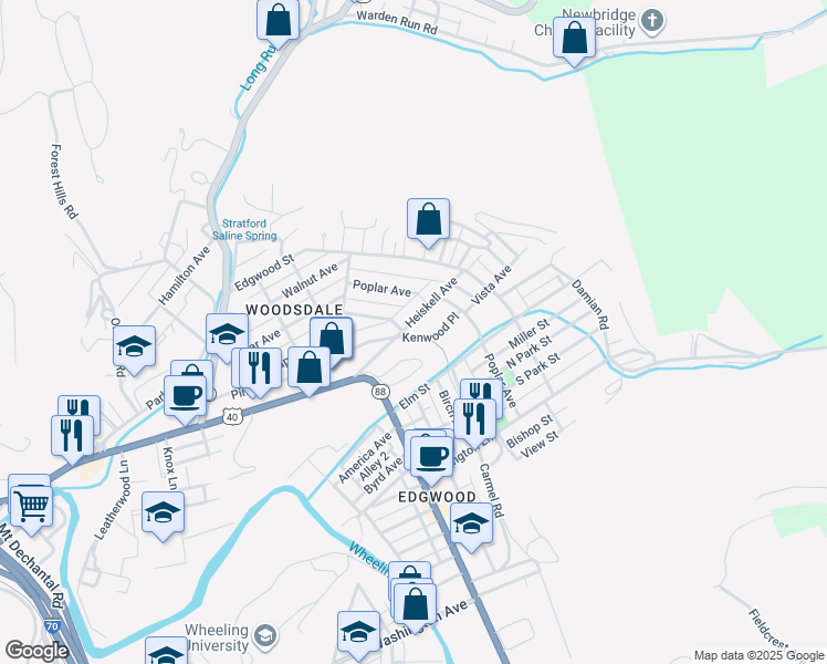 map of restaurants, bars, coffee shops, grocery stores, and more near 3 Kenwood Place in Wheeling