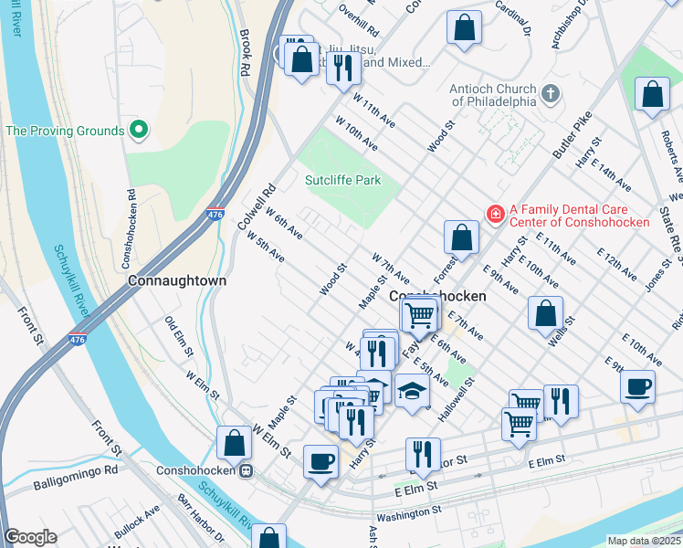 map of restaurants, bars, coffee shops, grocery stores, and more near 247 West 6th Avenue in Conshohocken
