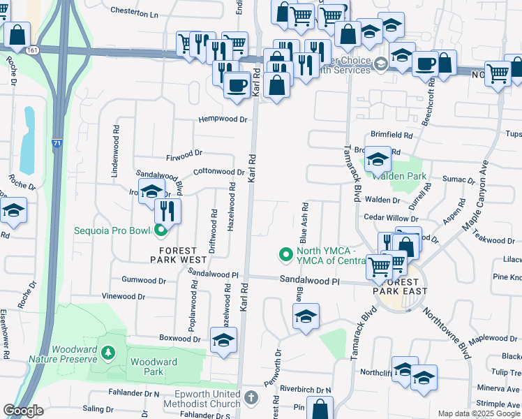 map of restaurants, bars, coffee shops, grocery stores, and more near 5554 Karl Road in Columbus