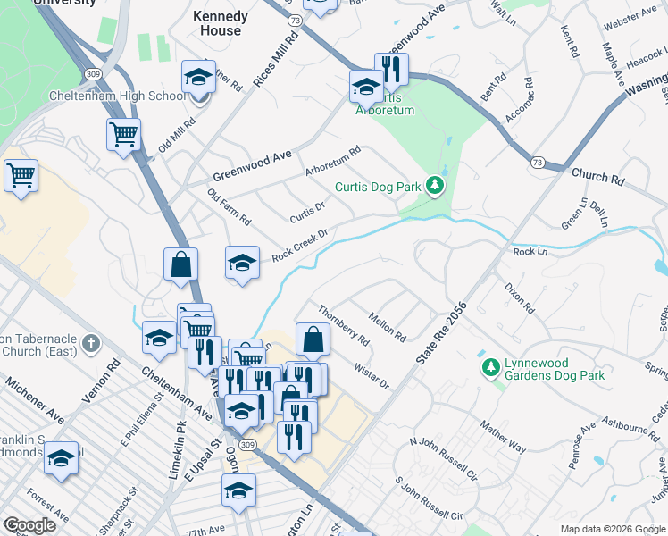 map of restaurants, bars, coffee shops, grocery stores, and more near 7760 Green Valley Road in Wyncote