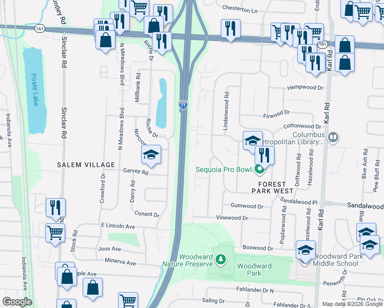 map of restaurants, bars, coffee shops, grocery stores, and more near 5589 Ironwood Court in Columbus