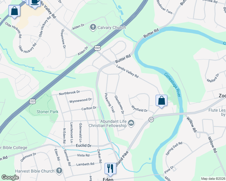 map of restaurants, bars, coffee shops, grocery stores, and more near 1976 Glendower Dr in Lancaster