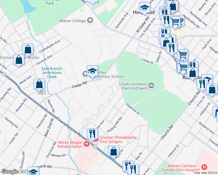 map of restaurants, bars, coffee shops, grocery stores, and more near 1206 Valley Glen Road in Elkins Park