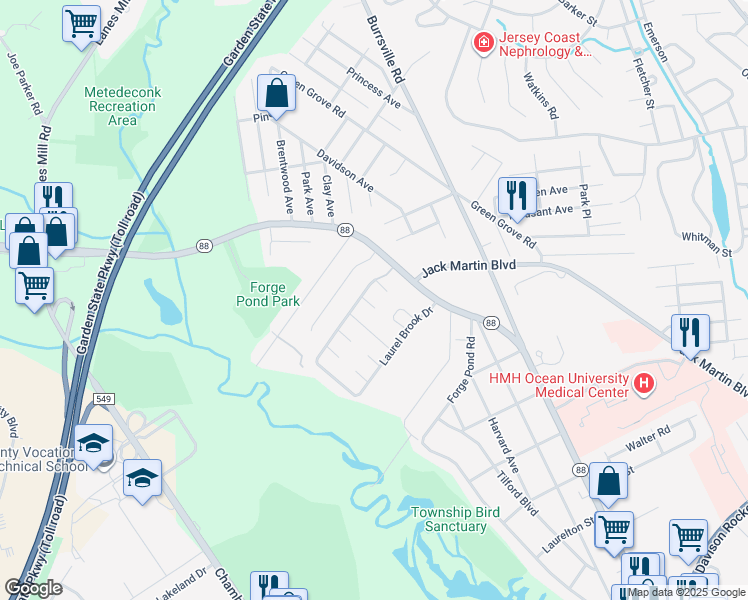 map of restaurants, bars, coffee shops, grocery stores, and more near 25D Court B in Brick Township