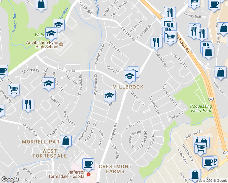 map of restaurants, bars, coffee shops, grocery stores, and more near 3828 Andrea Road in Philadelphia