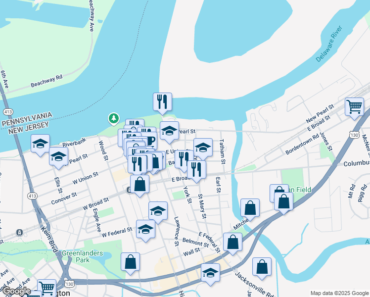 map of restaurants, bars, coffee shops, grocery stores, and more near 211 East Union Street in Burlington